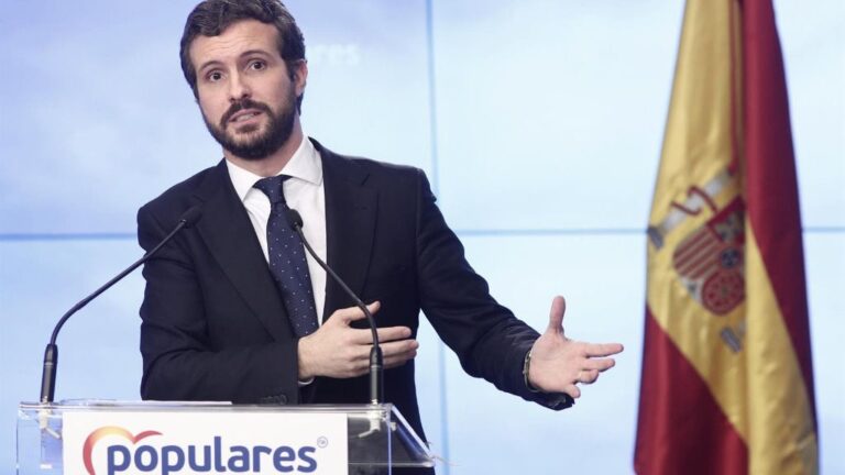 El presidente del Partido Popular, Pablo Casado, en rueda de prensa para hablar del balance del año político que hace su partido, en Madrid (España) a 30 de diciembre de 2019