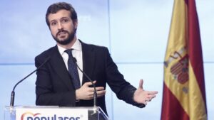 El presidente del Partido Popular, Pablo Casado, en rueda de prensa para hablar del balance del año político que hace su partido, en Madrid (España) a 30 de diciembre de 2019