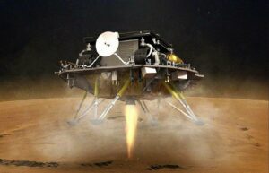 Ilustración del ‘aterrizador’ con Zhurong, el rover de la Administración Nacional China del Espacio que ha logrado aterrizar en la superficie marciana. / CNSA
